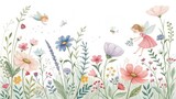 Whimsical watercolor fairies in a spring meadow - floral fairy garden with wildflowers, flying insects, and magical fantasy creatures - nursery wall art, kids room decor, fairy tale illustration