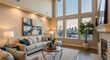 © Berjuang - A modern living space with high ceilings, large windows, and an inviting ambiance, a perfect blend of comfort and style
