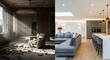 © antusher - Dilapidated living room transforms into modern open concept kitchen and lounge area design