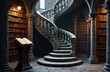 © starush - A grand spiral staircase curves through a historic library filled with tall wooden bookshelves