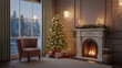 © Bilal - Elegant living room with decorated Christmas tree and fireplace – cozy holiday interior with snow outside, warm lighting, and festive decor for seasonal, lifestyle, or celebration themes