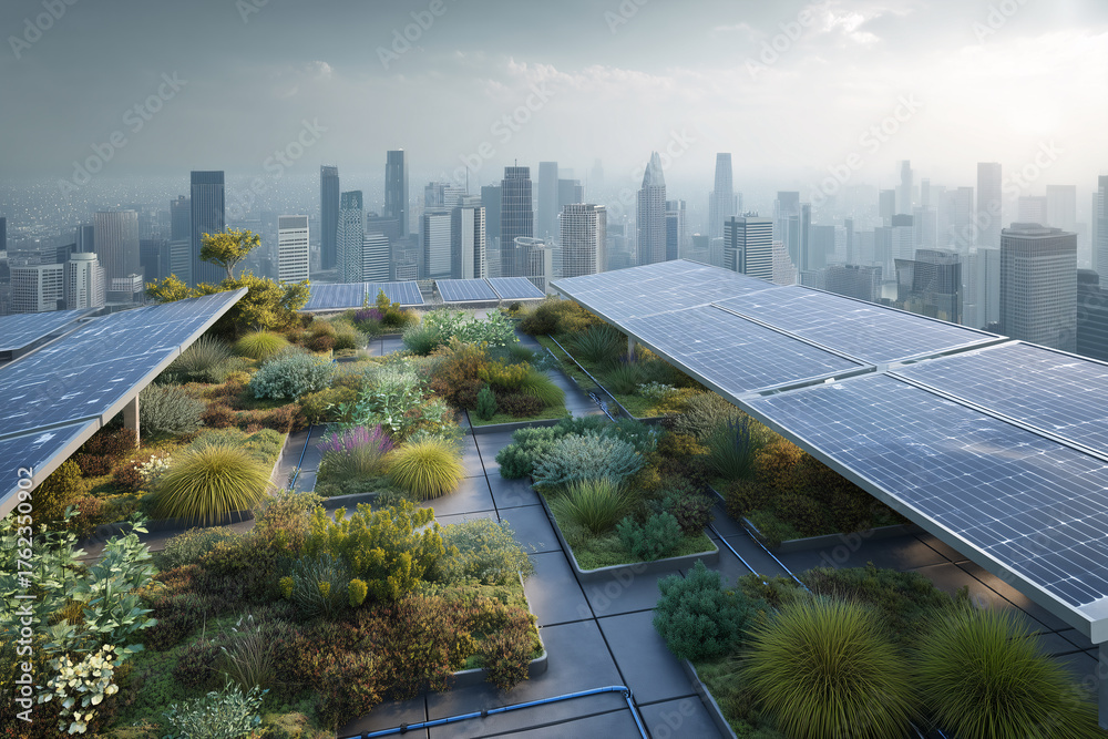 Picture Idea: Photo Stock Eco Friendly Rooftop With Solar Panels And Native