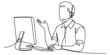 © Sona - Minimalist continuous line drawing of a customer service representative at a computer working hard vector