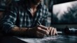 © Thares2020 - Focused designer works at a desk with computer and stylus engaged in a creative task