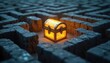 © Vadym - Glowing treasure chest in center of complex maze. Reward as concept of challenge for business life. Success, leadership, problem solving. Searching path, finding solution in labyrinth. Opportunity,
