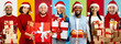 © Prostock-studio - A group of happy individuals is dressed in festive attire, wearing Santa hats and holding wrapped gifts. The vibrant background creates a joyful atmosphere perfect for New Year celebrations.