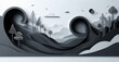© antishock - Papercraft landscape depicts hills, trees, sky. Minimalist design uses grayscale tones, creating depth, texture. Circular elements add visual interest.