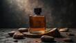 © Vadym - Masculine perfume bottle displayed on wood and stones. Amber liquid scent represents strength and sophistication. Modern fragranc packaging for men.