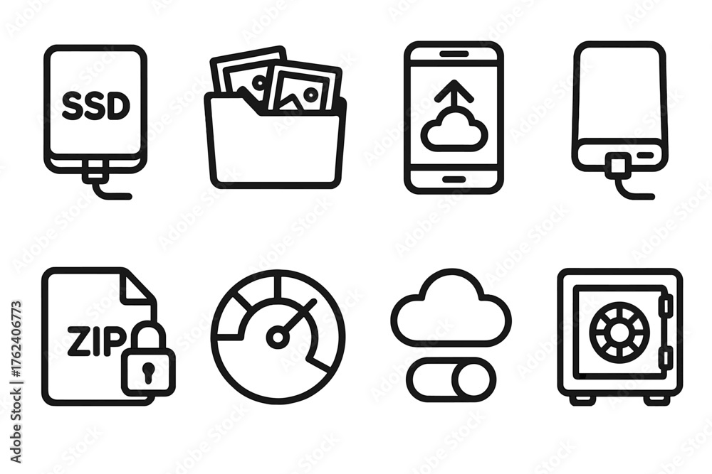 Icon Removeable Storage Personal Storage Solutions outline icon set: portable SSD icon, photo ...