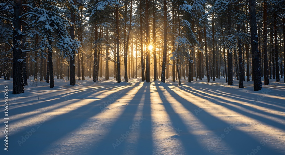 Sunlight streams through snowcovered trees in a forest, casting long ...