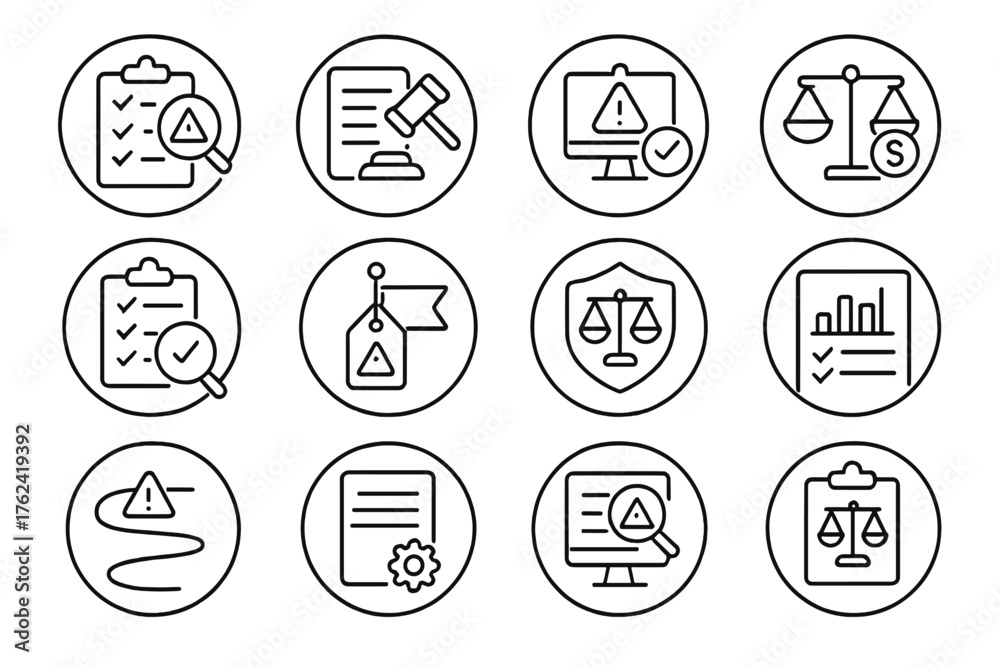 Stock-Vektorgrafik „Legal Risk Icons. Line style round icons of legal ...