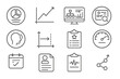 © Olha - Strategy Icons Collection. Line style round icons of strategy review: KPI report, progress graph, audit file, strategy dashboard;