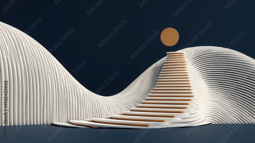 A striking structure showcases smooth, wavy stairs leading upwards. A circular element resembling the sun is positioned above the steps, creating a modern and artistic ambiance in a dark setting.