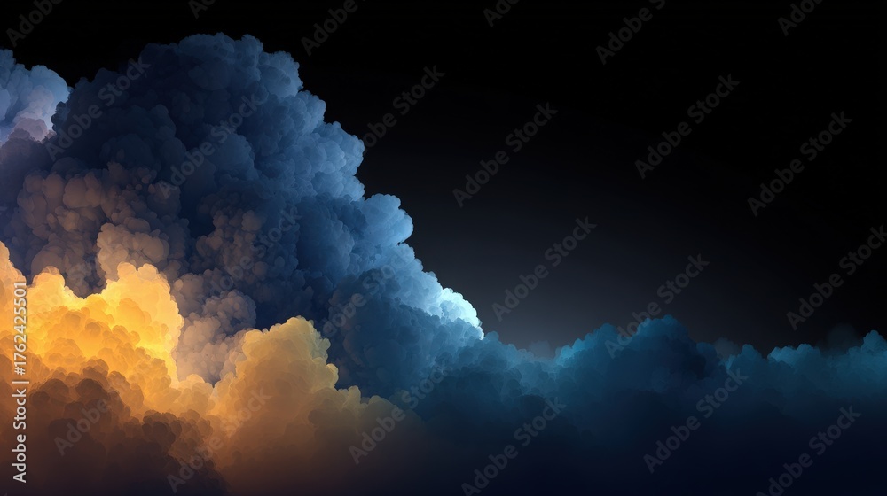 Fluffy clouds in various colors mix seamlessly in a dark setting, with highlights of orange and blue. The soft glow enhances the texture and depth of the clouds, offering a dreamy atmosphere.