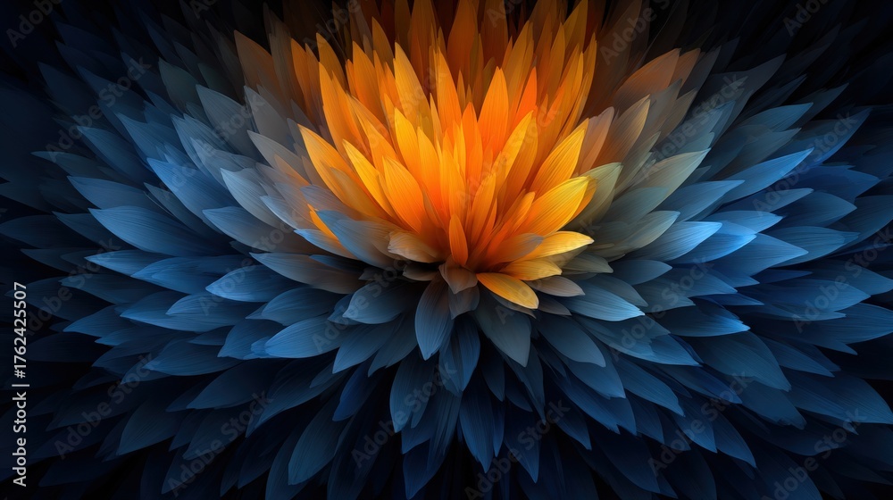 The design features a stunning arrangement of petals in vibrant shades of blue and orange, forming the shape of a large flower.