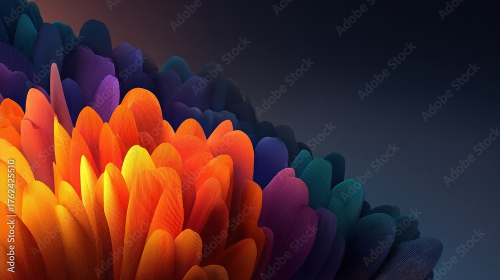 This artwork features an abstract arrangement of petals that blend warm oranges and yellows with cool blues and purples. The design creates a dynamic visual experience.