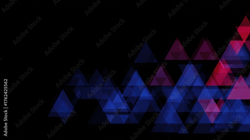 Bright triangles in shades of blue, purple, and red form a striking digital pattern on a black background. This artwork displays a modern, geometric style ideal for various design purposes.