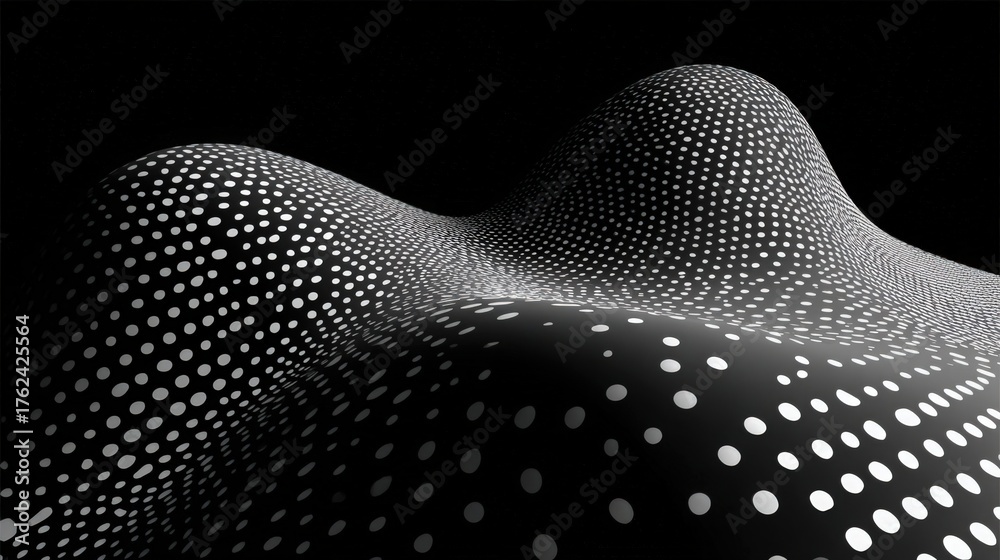 A textured surface displays a mesmerizing pattern of white dots against a black background, creating depth and contrast. Light plays across the undulating forms, enhancing the design.