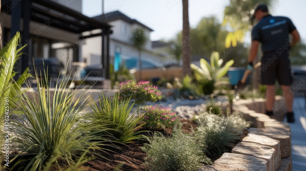 A person tends to a beautifully landscaped garden in a residential area. Lush plants and colorful flowers enhance the scene. The sun shines brightly, creating a warm atmosphere.