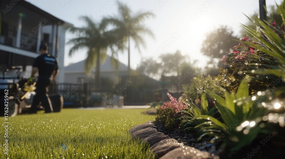 A gardener is focused on maintaining a green lawn, with various colorful plants lining the edge. Bright sunlight casts a warm glow, creating a peaceful atmosphere outdoors.