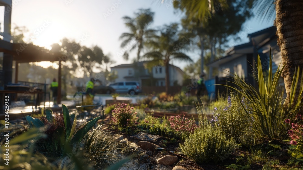 Men and women tend to a lush garden filled with colorful flowers and greenery in a residential area as the sun sets. Homes and palm trees provide a tranquil background.