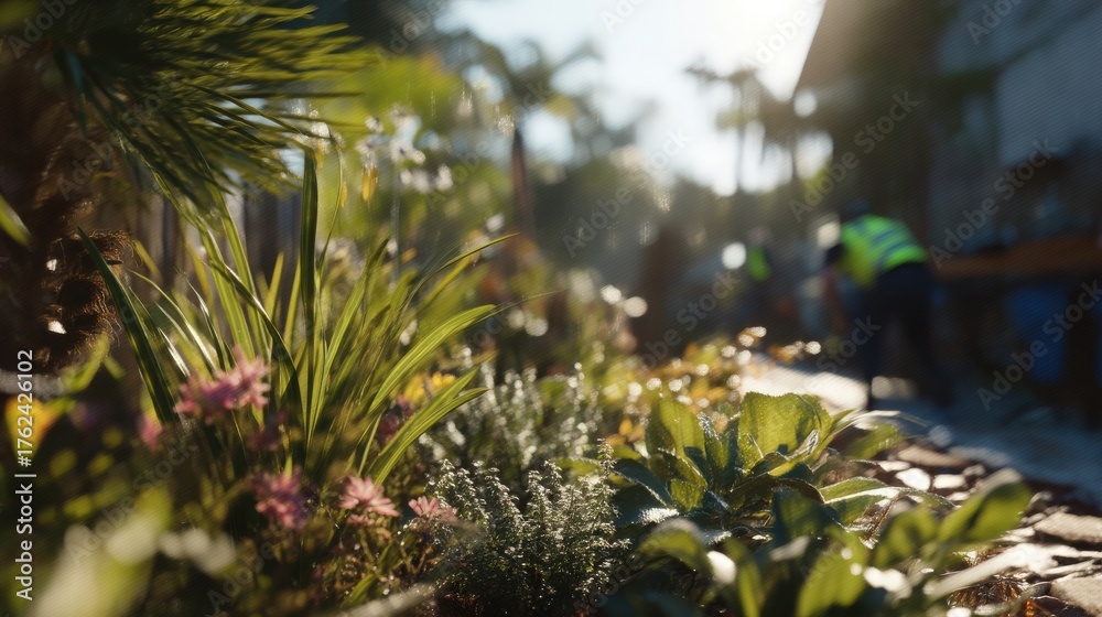 Gardeners work among colorful flowers and green plants under bright sunlight. The scene captures the beauty of nature as workers cultivate the thriving garden landscape.