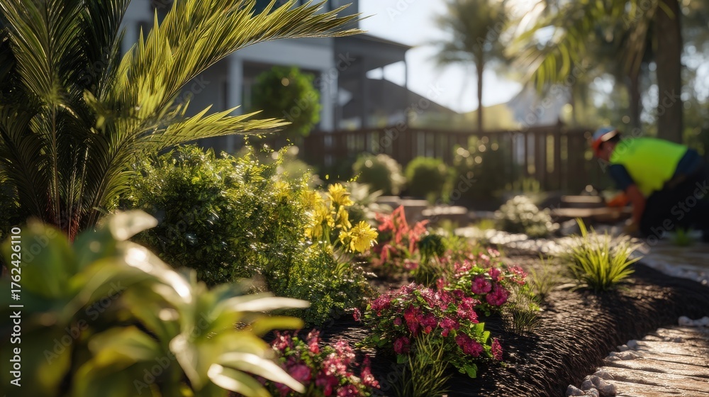 A gardener works diligently in a lush garden filled with colorful flowers. Bright sunlight illuminates the scene, highlighting the greenery surrounding the home, creating a cheerful atmosphere.