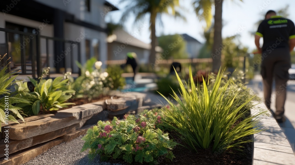 Workers are tending to lush plants and landscaping in a residential yard. The sun shines brightly, highlighting the greenery and well-kept gardens. Trees sway gently in the breeze.