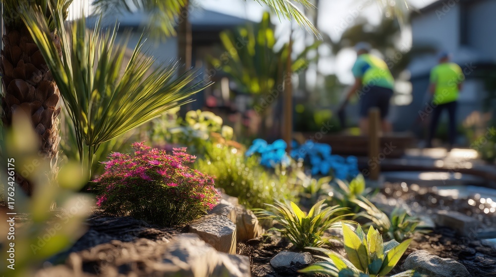 Two workers in bright vests tend to a well-designed garden filled with vibrant flowers and plants. Sunlight enhances the lush greenery and colorful blooms in this pleasant outdoor space.