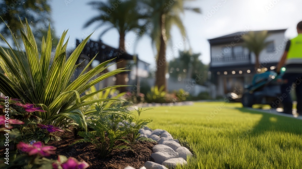 A bright garden showcases green grass, colorful flowers, and palm trees. A person in a safety vest is using a gardening tool, enhancing the outdoor space in a beautiful neighborhood.