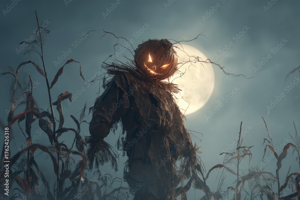 In a dimly lit cornfield, a scarecrow with a carved pumpkin head watches over the crops. A glowing full moon casts an eerie light, creating a haunting atmosphere on a chilly night.