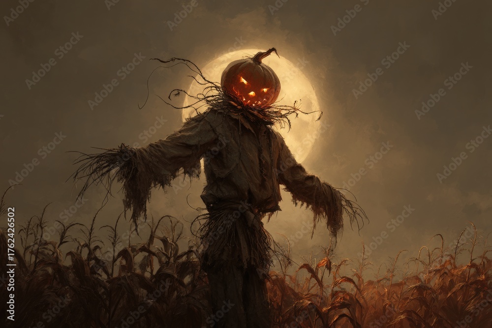 A scarecrow with a pumpkin for a head leans amidst tall corn stalks. The full moon casts an eerie glow, creating a haunting atmosphere during the nighttime. The scene captures the essence of autumn.