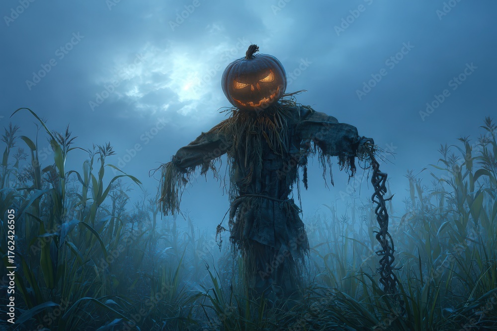 A lone scarecrow stands in a foggy cornfield, featuring a carved pumpkin as its head. The spooky scene is illuminated by a dim light, creating an eerie atmosphere at dusk.