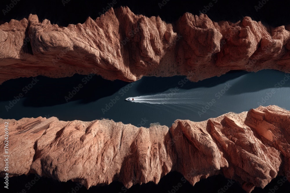 A boat navigates through a narrow canyon surrounded by steep, rugged rock formations. The smooth surface of the water reflects the towering cliffs in the early morning light.