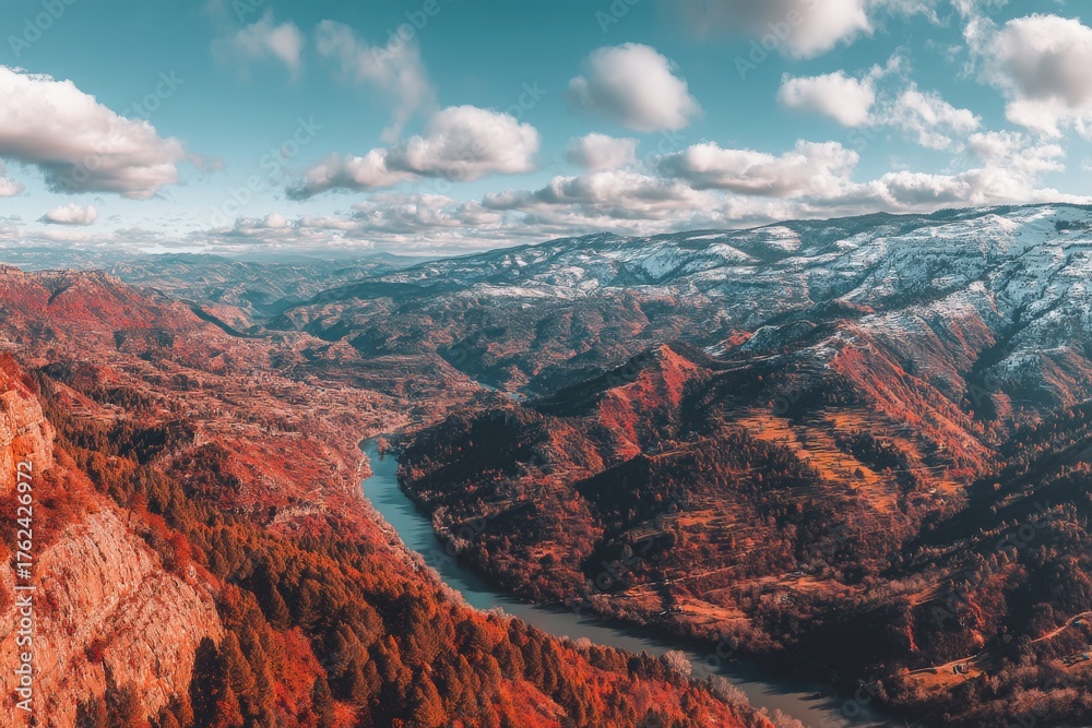 Bright sunlight highlights the beauty of a river as it flows through vibrant autumn-colored mountains. Fluffy clouds float in the sky, adding charm to this scenic landscape.