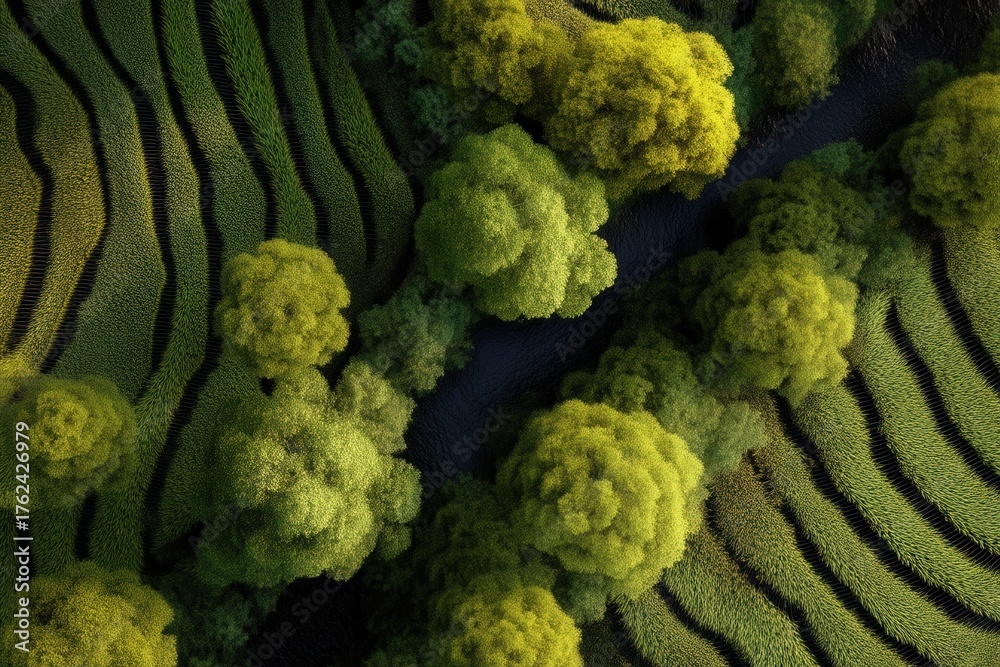 Aerial view of a lush green landscape showcasing neatly arranged terraced fields. Vibrant trees with bright green foliage stand out, creating a serene and picturesque scene.