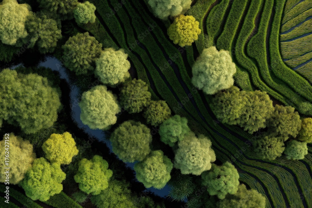 Aerial view of a vibrant green landscape featuring both lush trees and a gentle winding river. The scene is filled with various shades of green in a serene daytime setting.