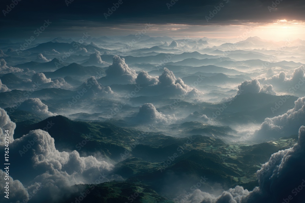 This scene showcases a stunning view of layered clouds and distant mountains, illuminated by soft twilight. The atmosphere creates a tranquil setting, inviting calm reflection.