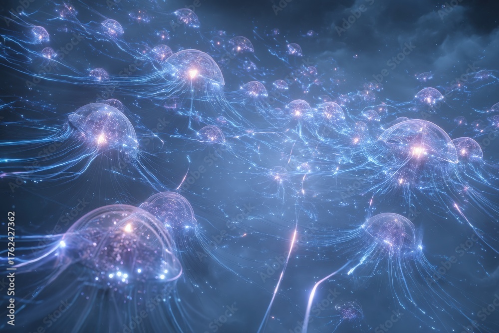 A vibrant group of jellyfish floats gracefully in dark waters, radiating soft, glowing lights.