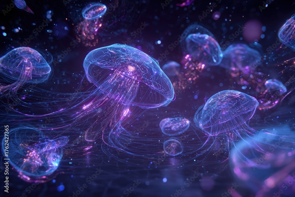 A group of glowing jellyfish moves gracefully through dark ocean water. Soft purple and blue lights illuminate their bodies, creating a magical underwater scene that captivates all who see it.