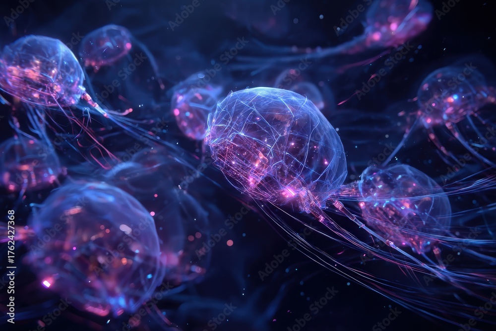 Jellyfish gracefully drift through deep blue waters, glowing with vibrant colors. Their delicate forms and long tentacles create a stunning underwater display in a tranquil ocean environment.