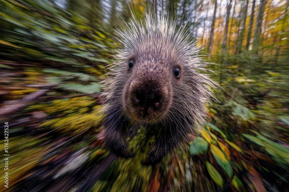 A porcupine roams through a vibrant forest filled with green plants and colorful autumn leaves. The animal appears inquisitive and is captured in mid-motion, highlighting its quills and small face.