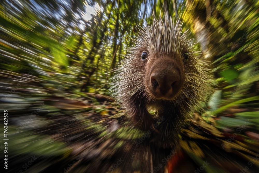 A curious echidna approaches the camera, surrounded by vibrant greenery in its natural forest environment. Sunlight filters through the leaves, creating a lively atmosphere.