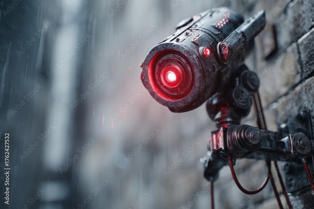 A detailed surveillance robot is mounted on a wet, brick wall. Its red light glows brightly, reflecting the dreary atmosphere of the rainy city around it.
