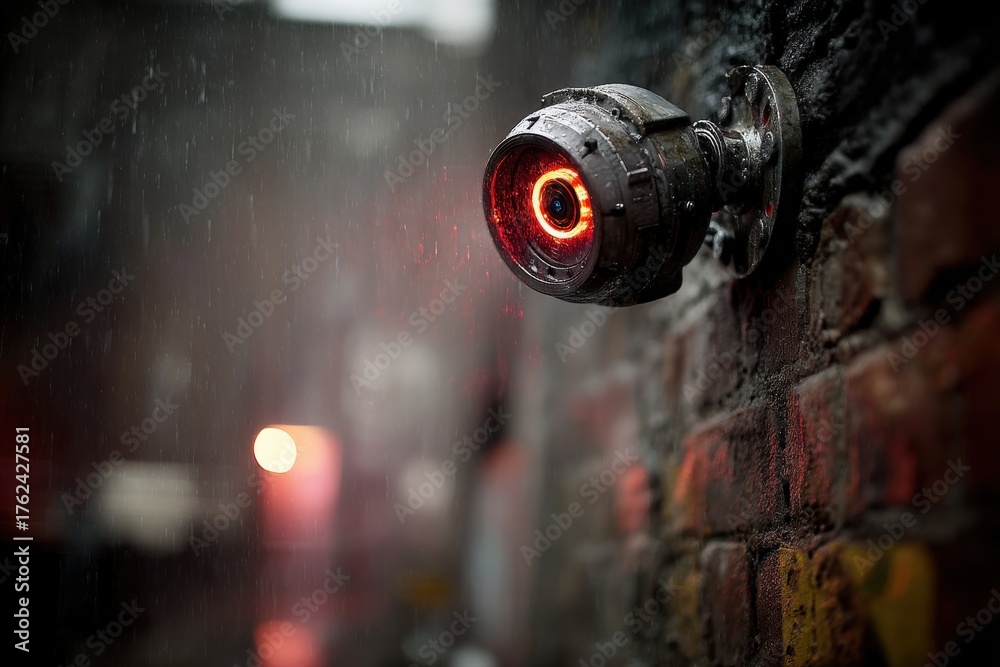 A surveillance camera mounted on a brick wall captures the scene in a damp alley. Rain falls gently, creating a reflective surface.