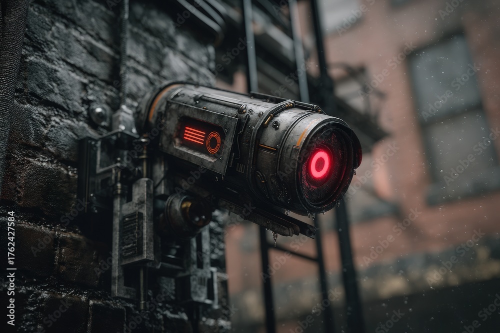 A futuristic surveillance camera is mounted on a brick wall of a building in an urban setting. Red lights glow from the camera, highlighting its high-tech design against the dark, rainy backdrop.