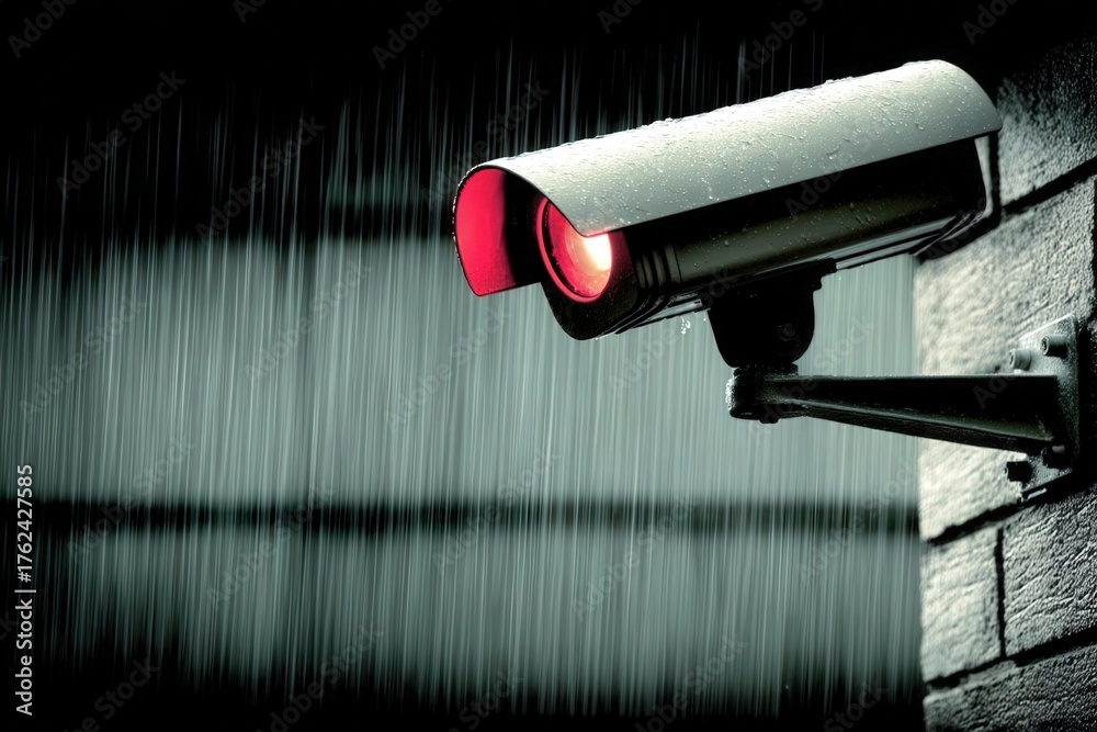 A surveillance camera is mounted on a wall, illuminated by a red light. Rain falls heavily, creating a moody atmosphere in the background.