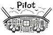 © Olha - Whimsical Cockpit Design. Hand-drawn cockpit with wings, buttons, and birds, center word “Pilot” in black and white isolated