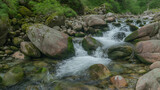 A clear stream cascades over rocks and stones within a lush, green, natural landscape.