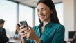 © ai - Smiling businesswoman using smartphone in modern office